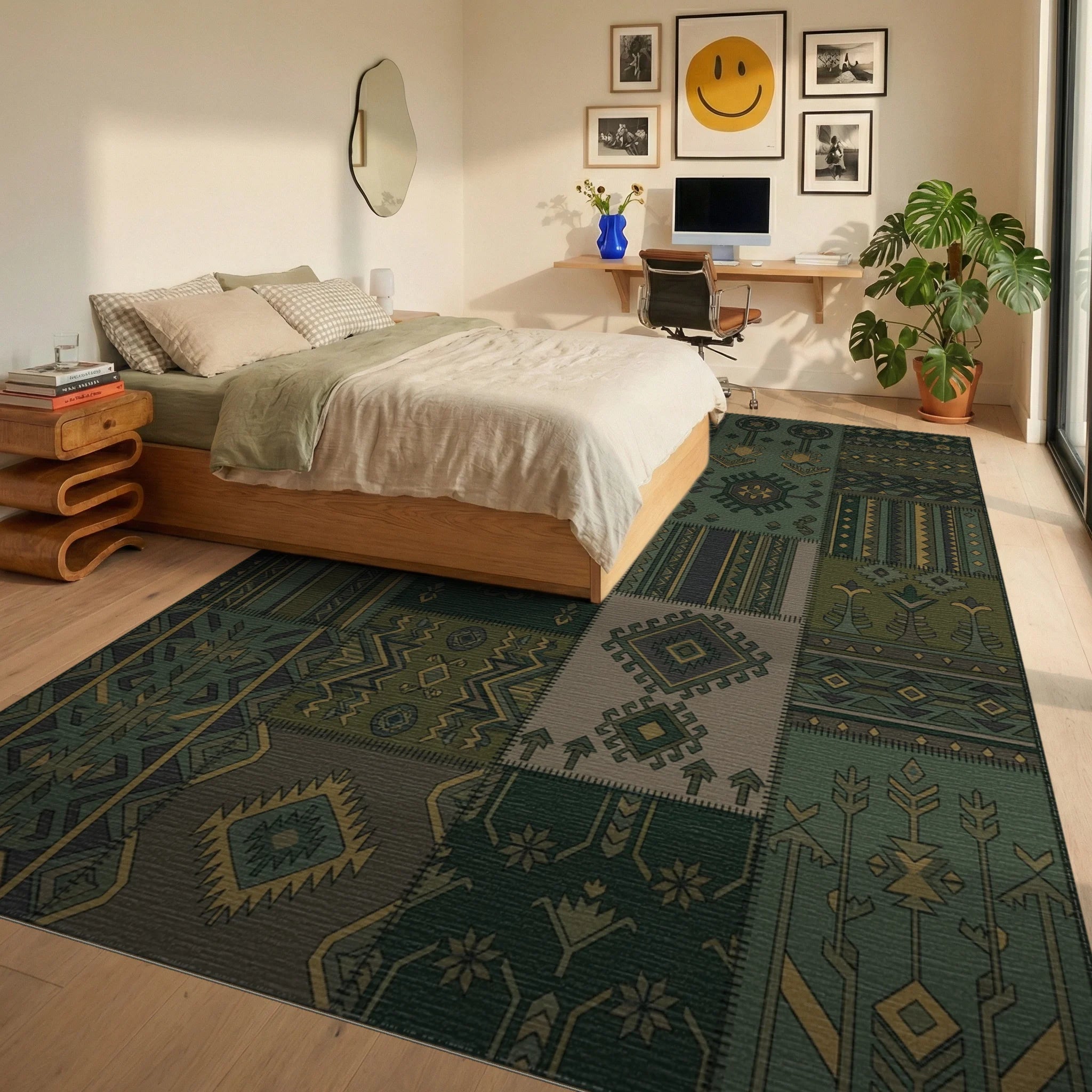 Army Green Geometric Patchwork Medallion Rug Bedroom View