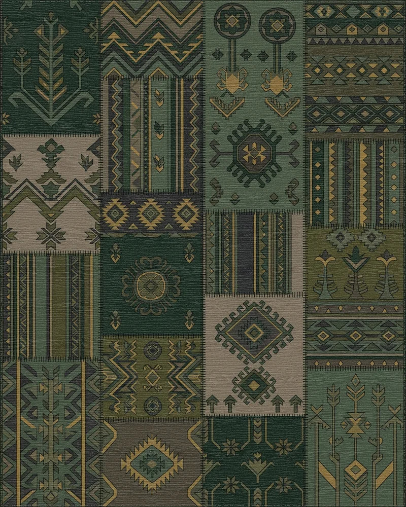 Army Green Geometric Patchwork Medallion Rug - Cutout View