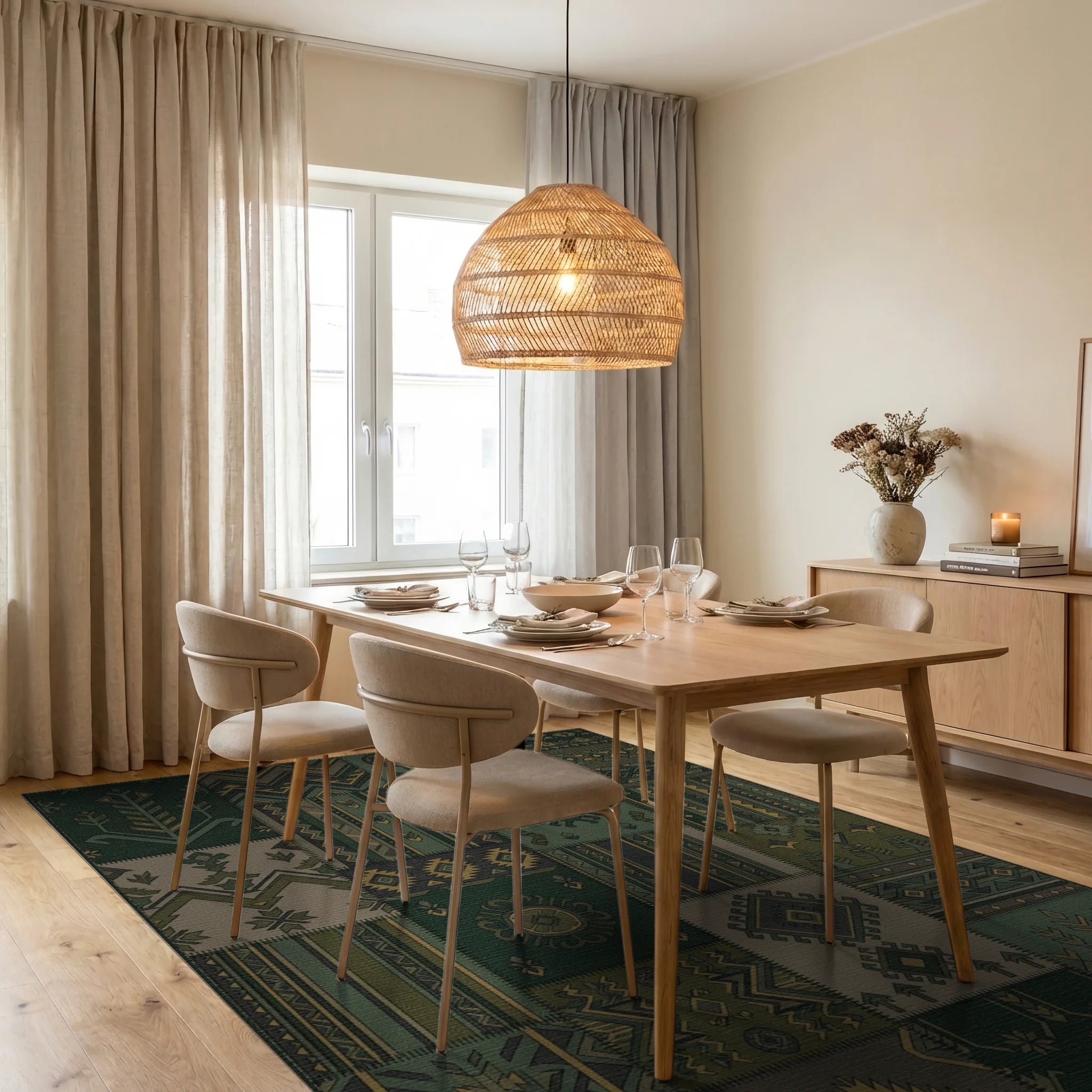 Army Green Geometric Patchwork Medallion Rug Dining Room View