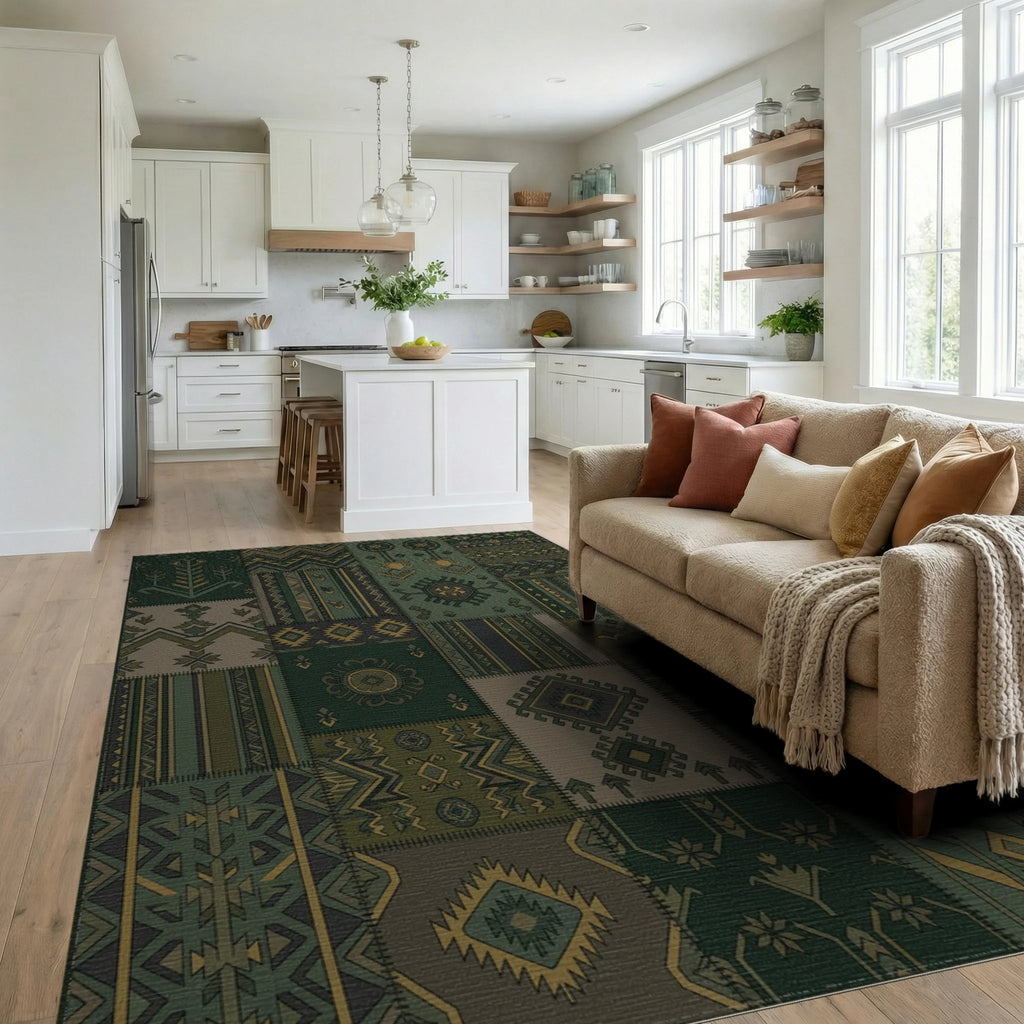 Army Green Geometric Patchwork Medallion Rug Living Room View
