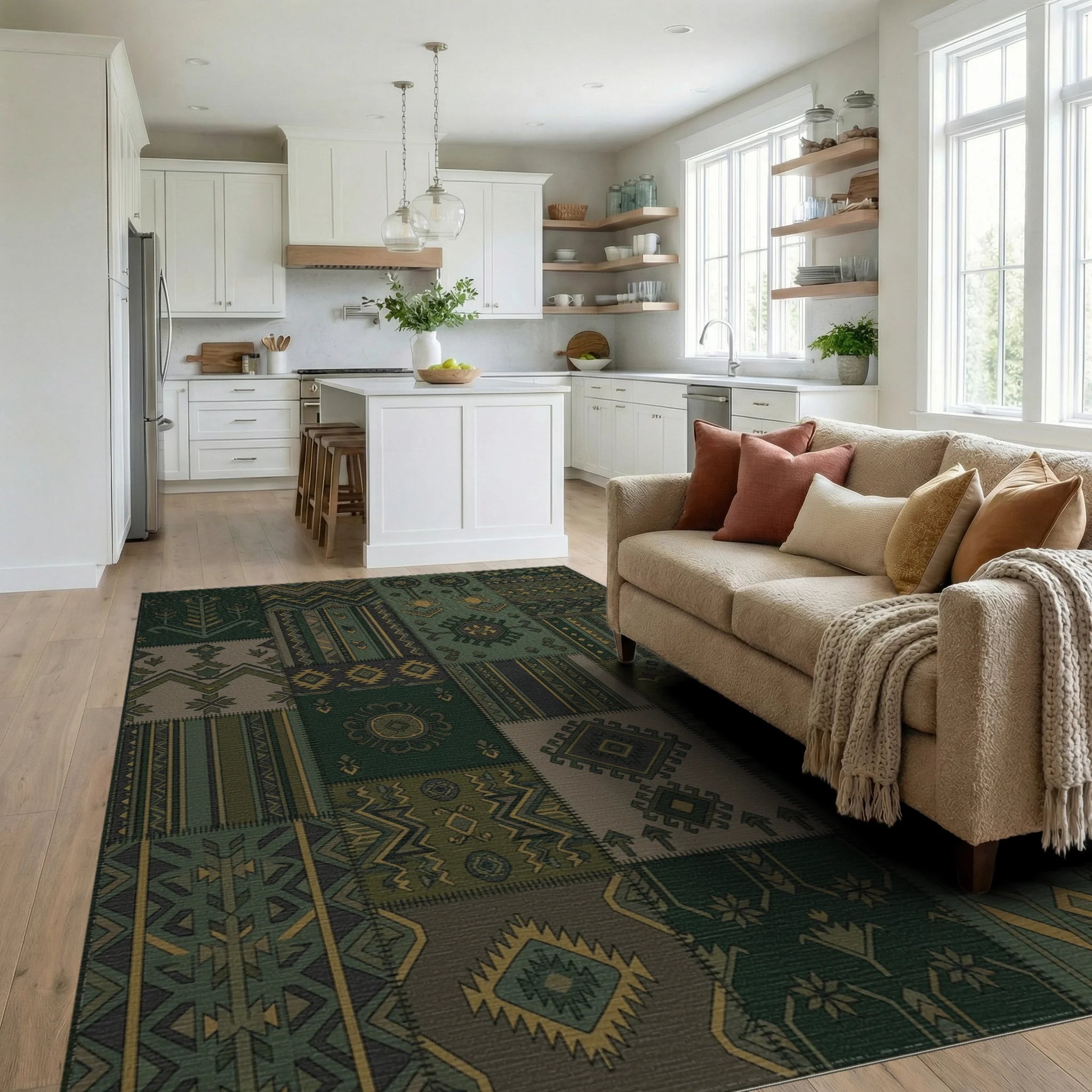 Army Green Geometric Patchwork Medallion Rug Living Room View