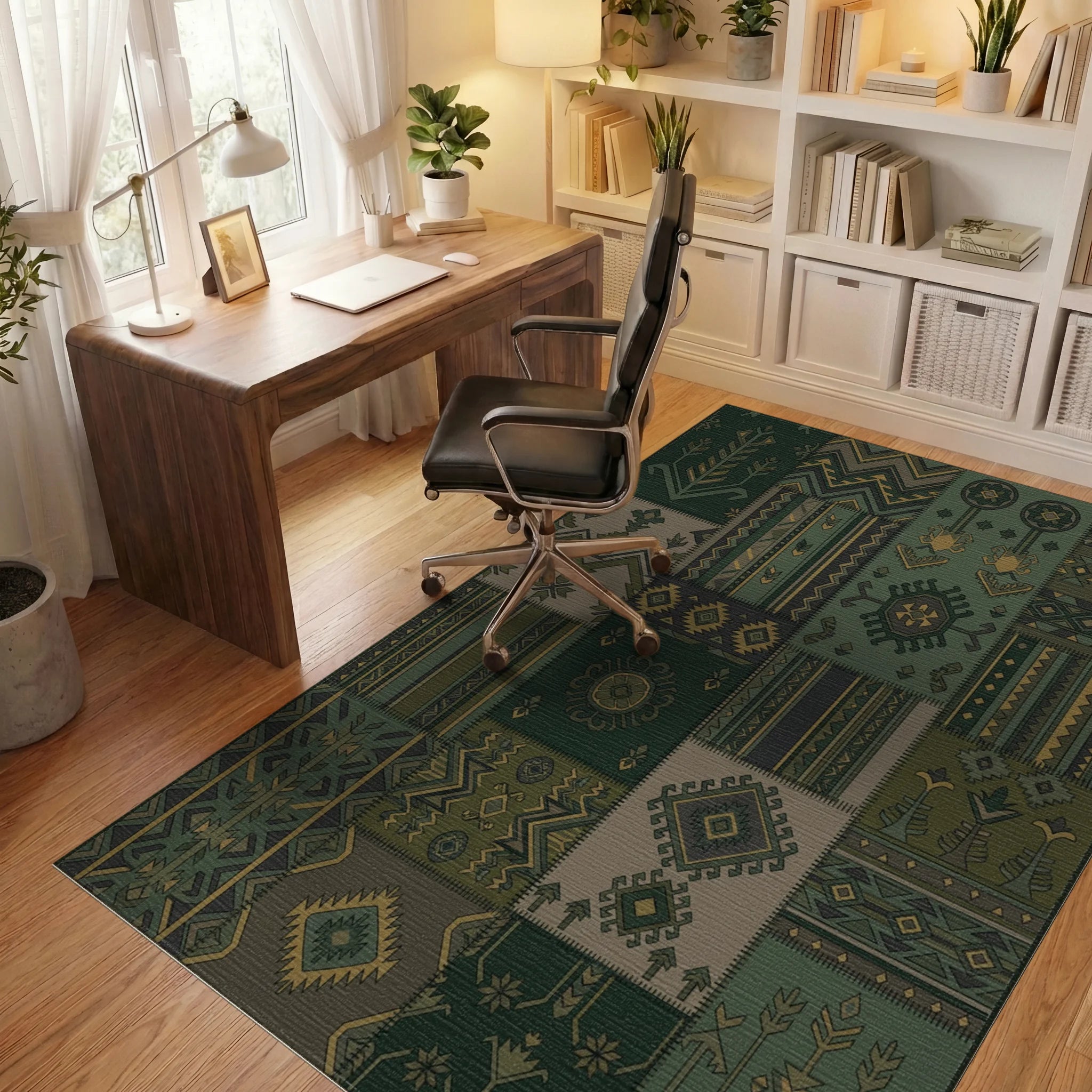 Army Green Geometric Patchwork Medallion Rug Office View