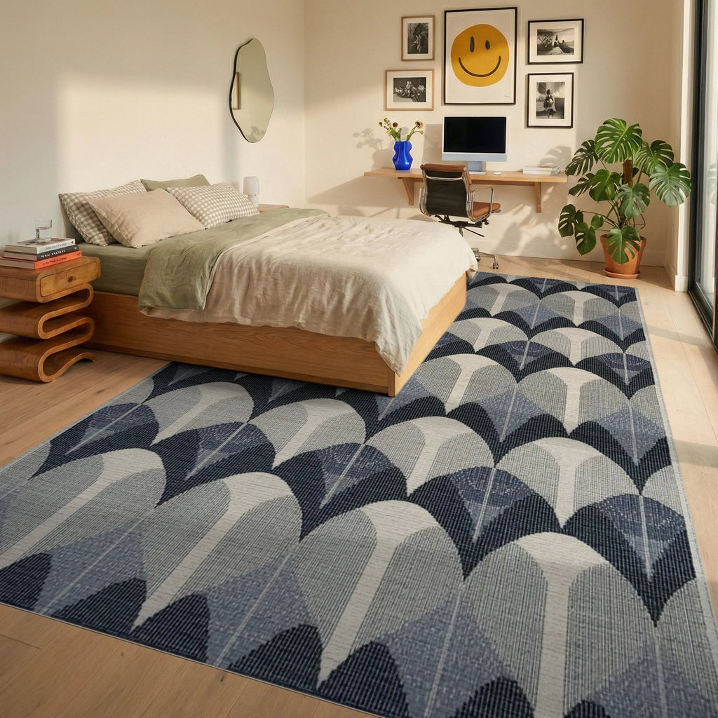 Art Deco Arches Indigo Geometric Rug - Bedroom View