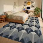 Art Deco Arches Indigo Geometric Rug - Bedroom View