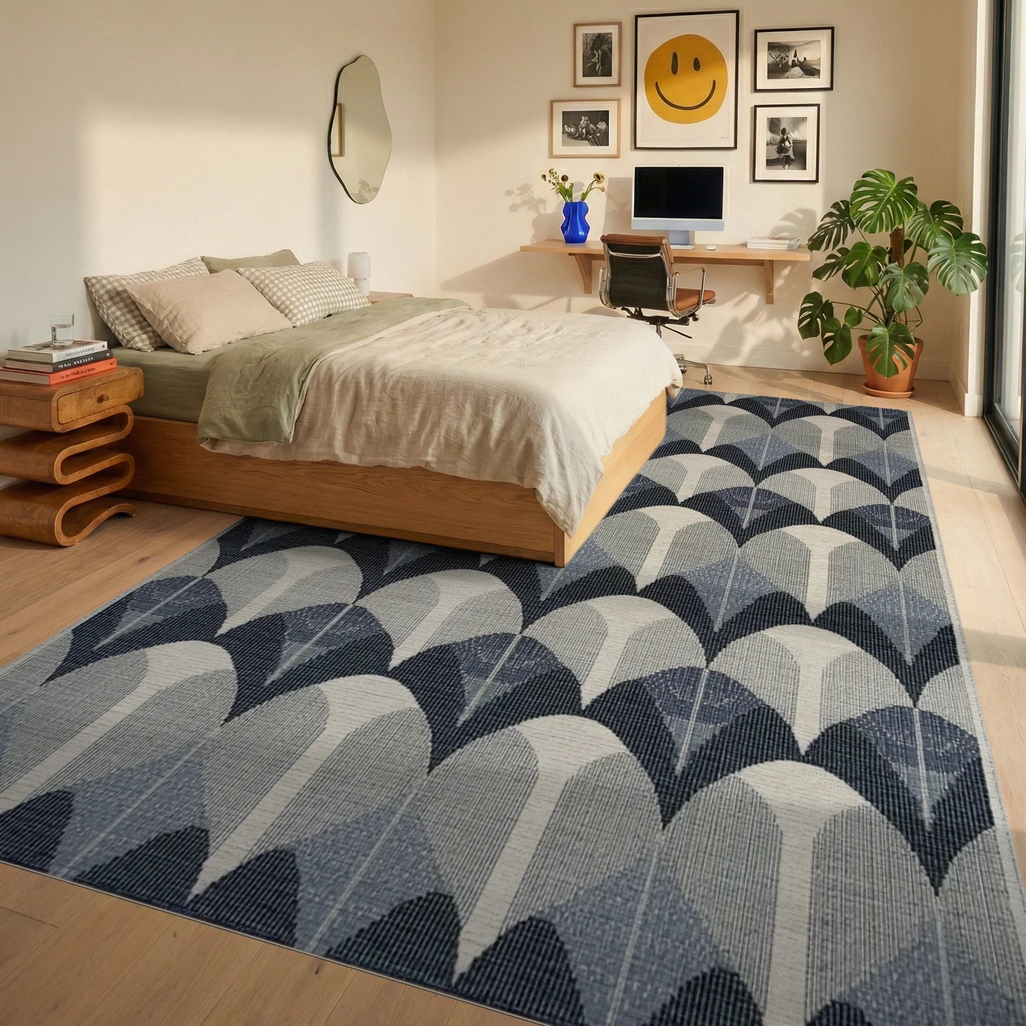 Art Deco Arches Indigo Geometric Rug - Bedroom View