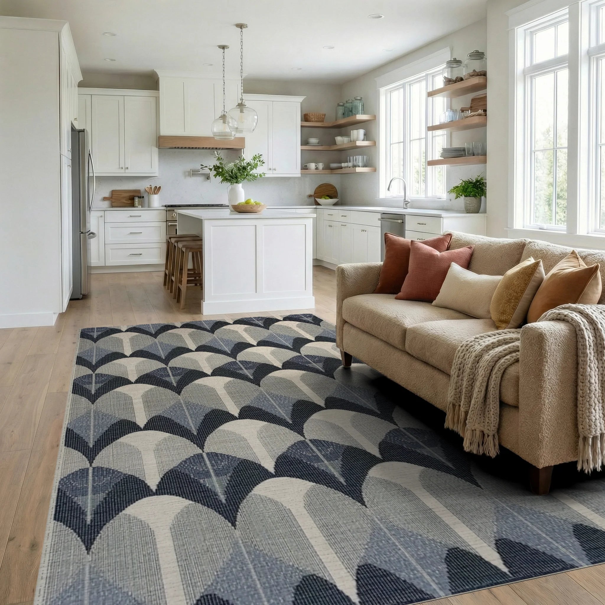 Art Deco Arches Indigo Geometric Rug - Living Room View