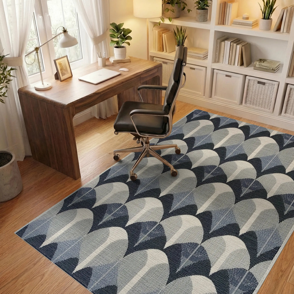 Art Deco Arches Indigo Geometric Rug - Office View