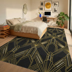 Art Deco Black Gold Geometric Fan Rug Bedroom View