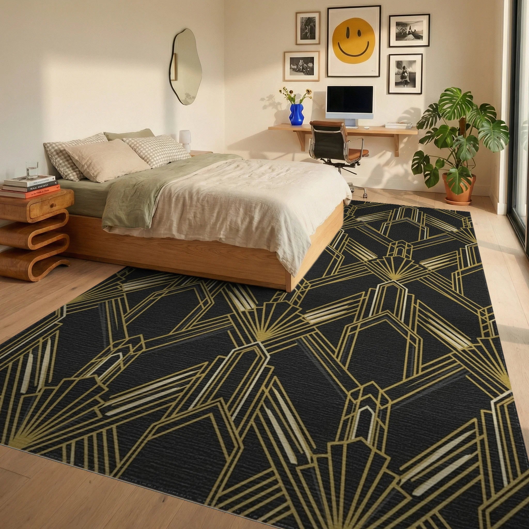 Art Deco Black Gold Geometric Fan Rug Bedroom View
