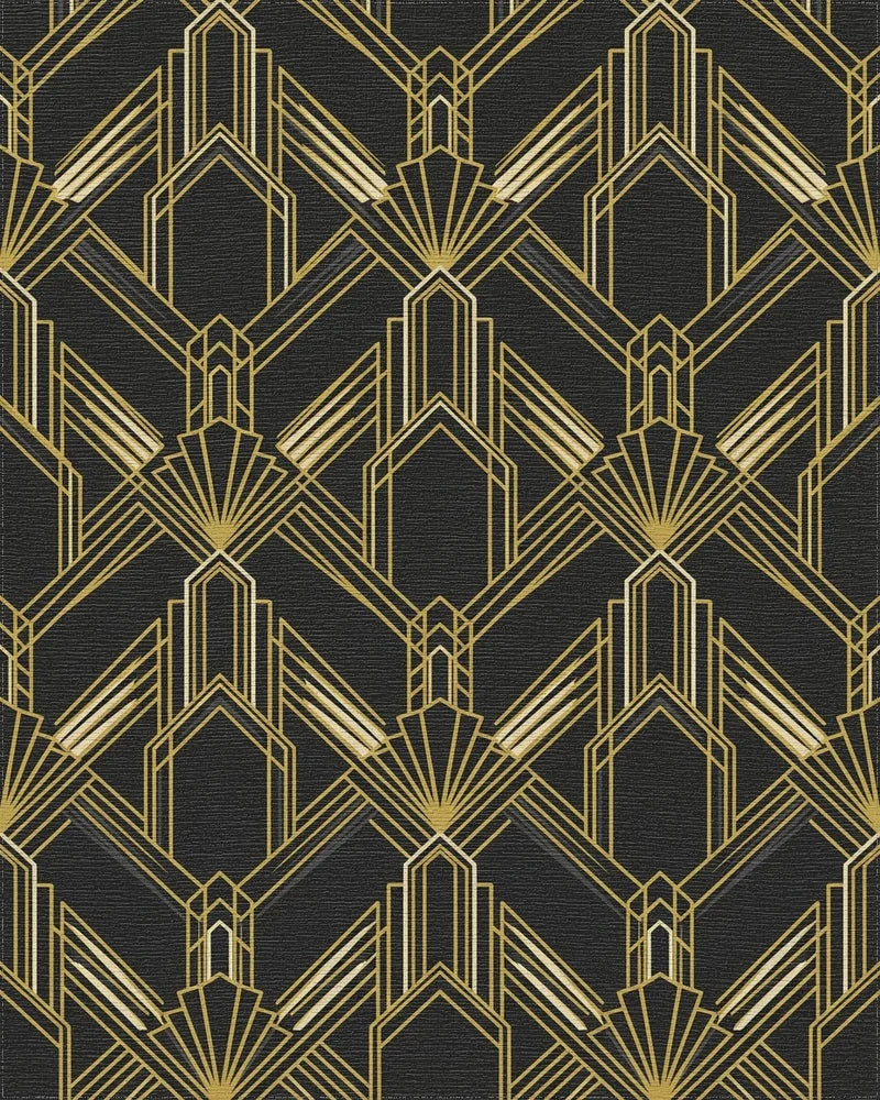 Art Deco Black Gold Geometric Fan Rug - Cutout View