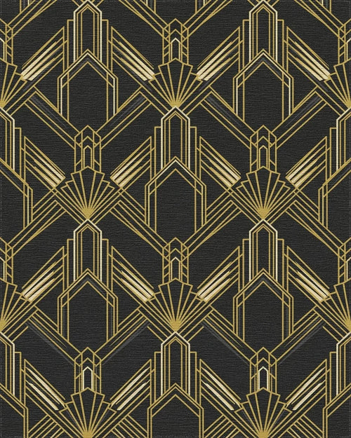 Art Deco Black Gold Geometric Fan Rug - Cutout View