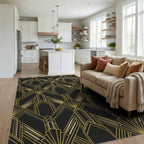 Art Deco Black Gold Geometric Fan Rug Living Room View