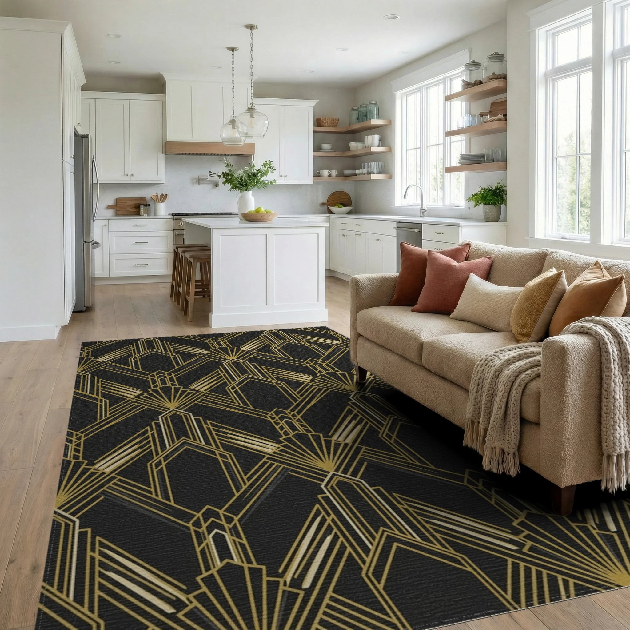 Art Deco Black Gold Geometric Fan Rug Living Room View