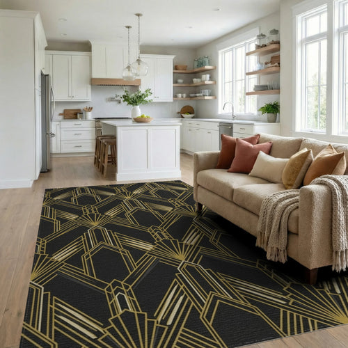 Art Deco Black Gold Geometric Fan Rug Living Room View