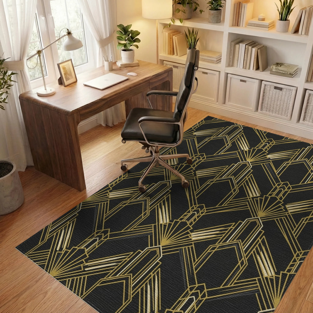 Art Deco Black Gold Geometric Fan Rug Office View