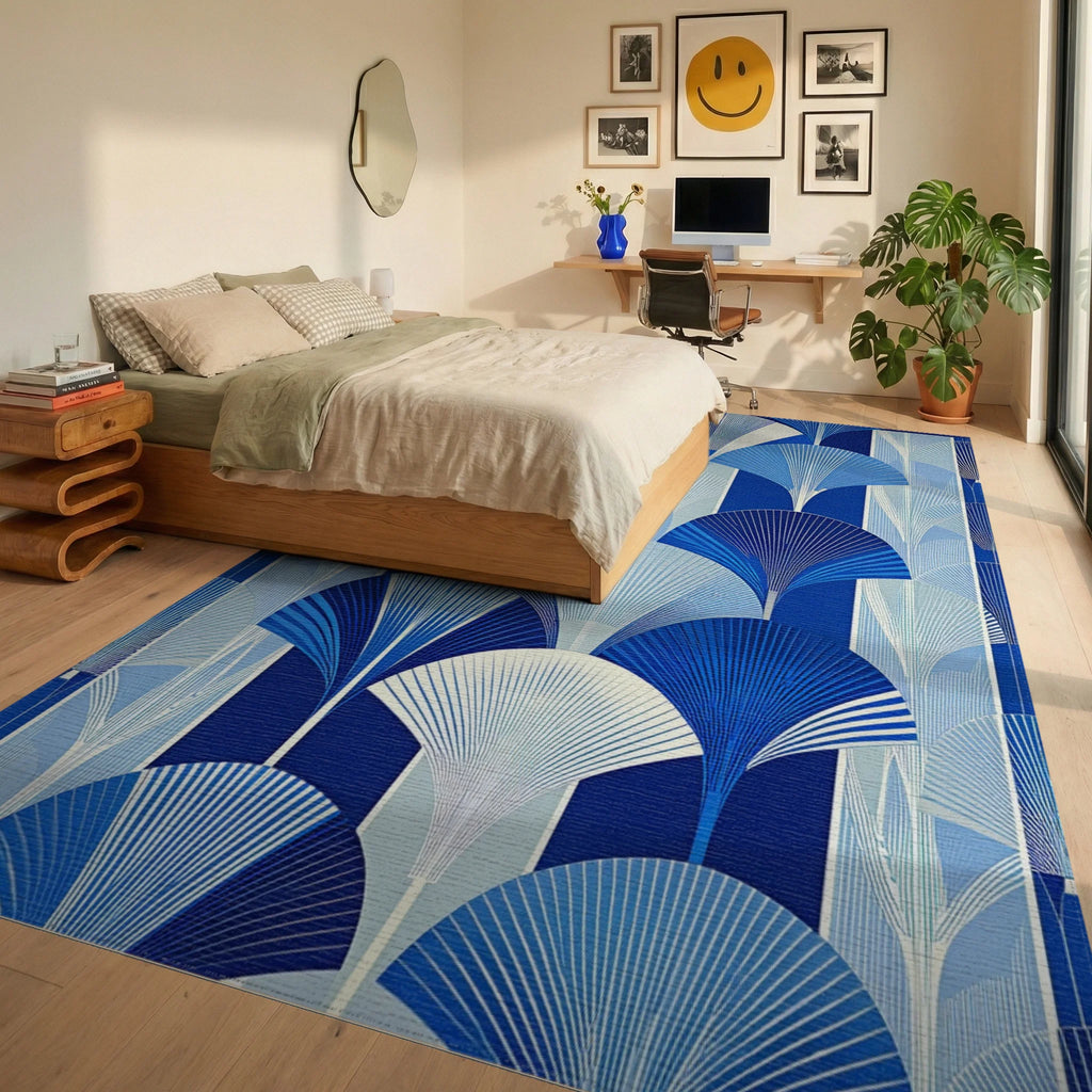 Art Deco Blue Fan Pattern Rug Bedroom View
