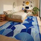 Art Deco Blue Fan Pattern Rug Bedroom View