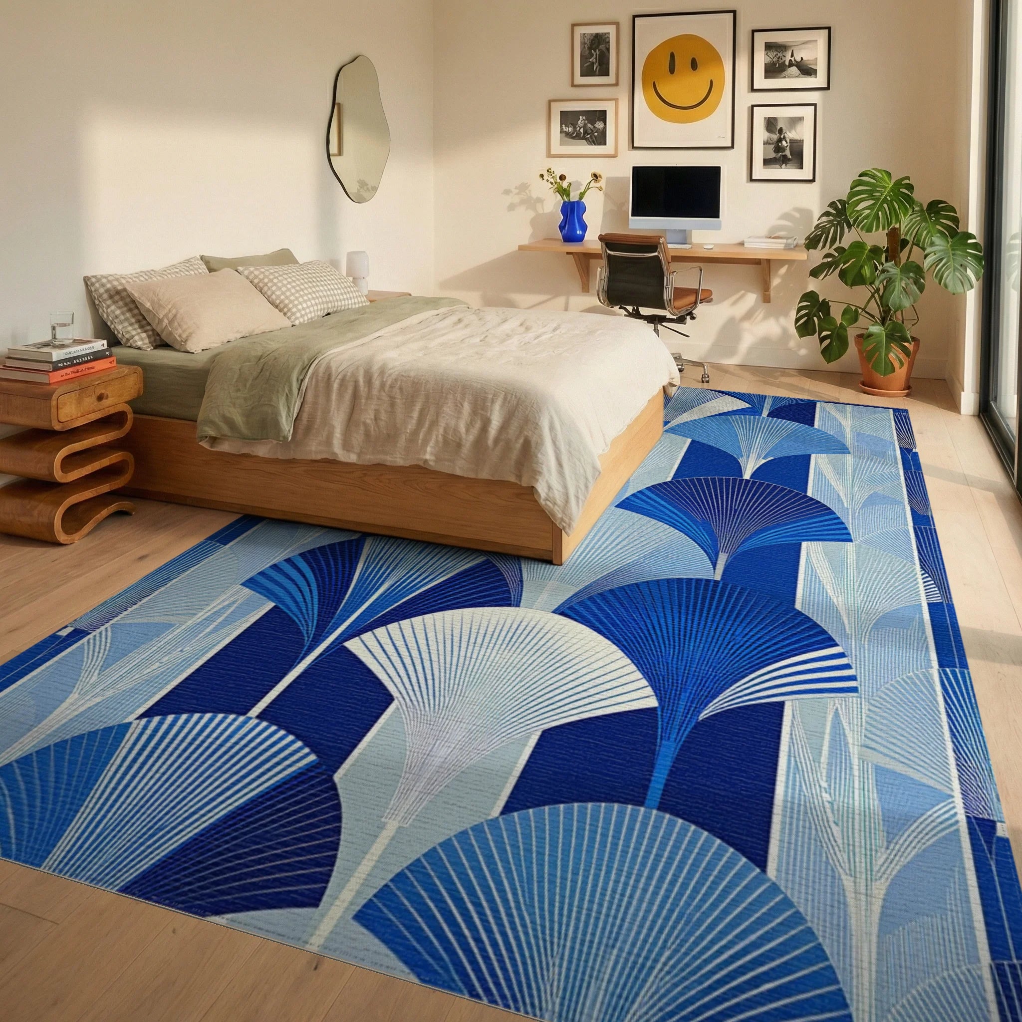 Art Deco Blue Fan Pattern Rug Bedroom View