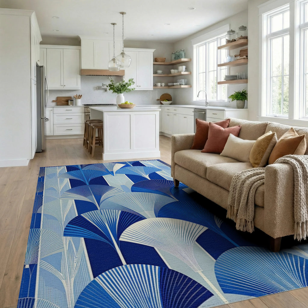 Art Deco Blue Fan Pattern Rug Living Room View