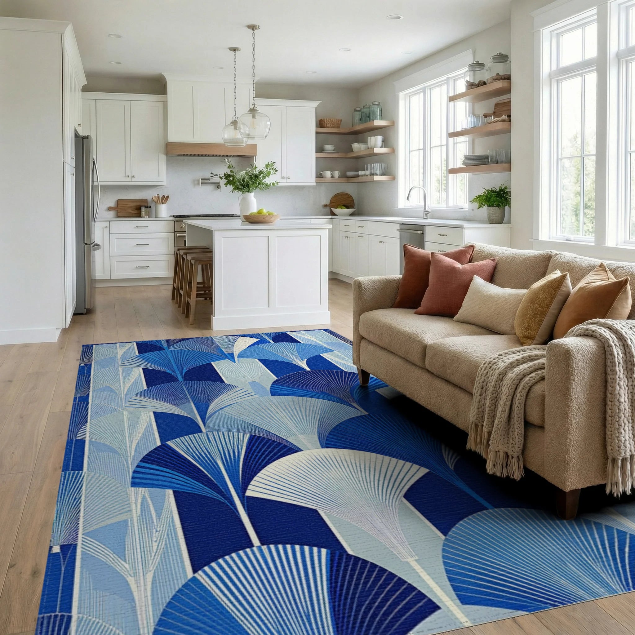 Art Deco Blue Fan Pattern Rug Living Room View