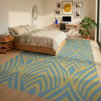 Art Deco Blue Yellow Geometric Inlay Rug Bedroom View