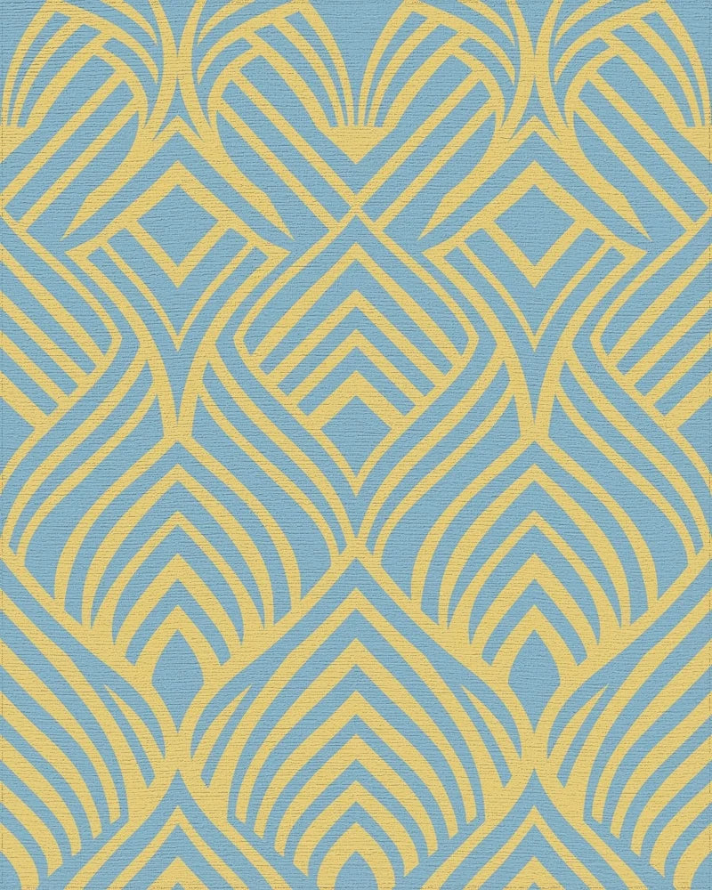 Art Deco Blue Yellow Geometric Inlay Rug - Cutout View