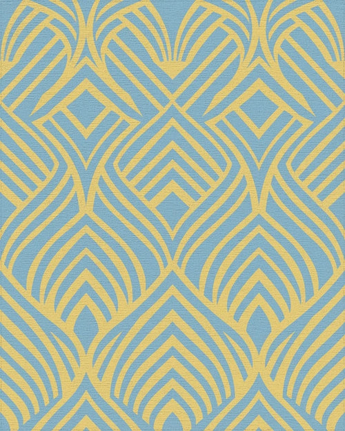 Art Deco Blue Yellow Geometric Inlay Rug - Cutout View