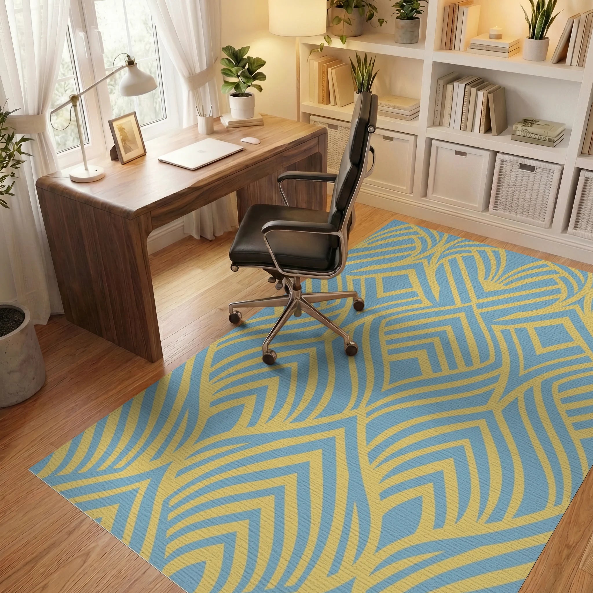 Art Deco Blue Yellow Geometric Inlay Rug Office View