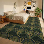 Art Deco Fan Motif Green and Gold Rug Bedroom View