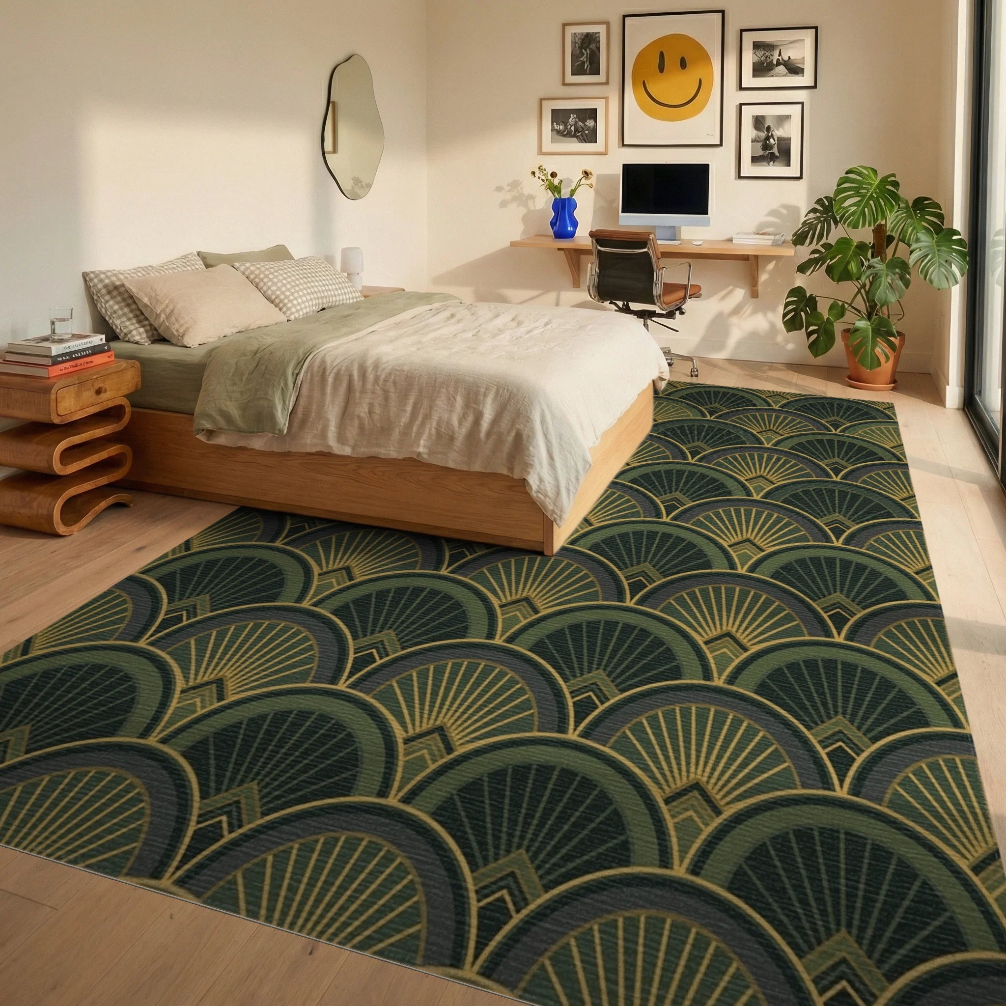 Art Deco Fan Motif Green and Gold Rug Bedroom View