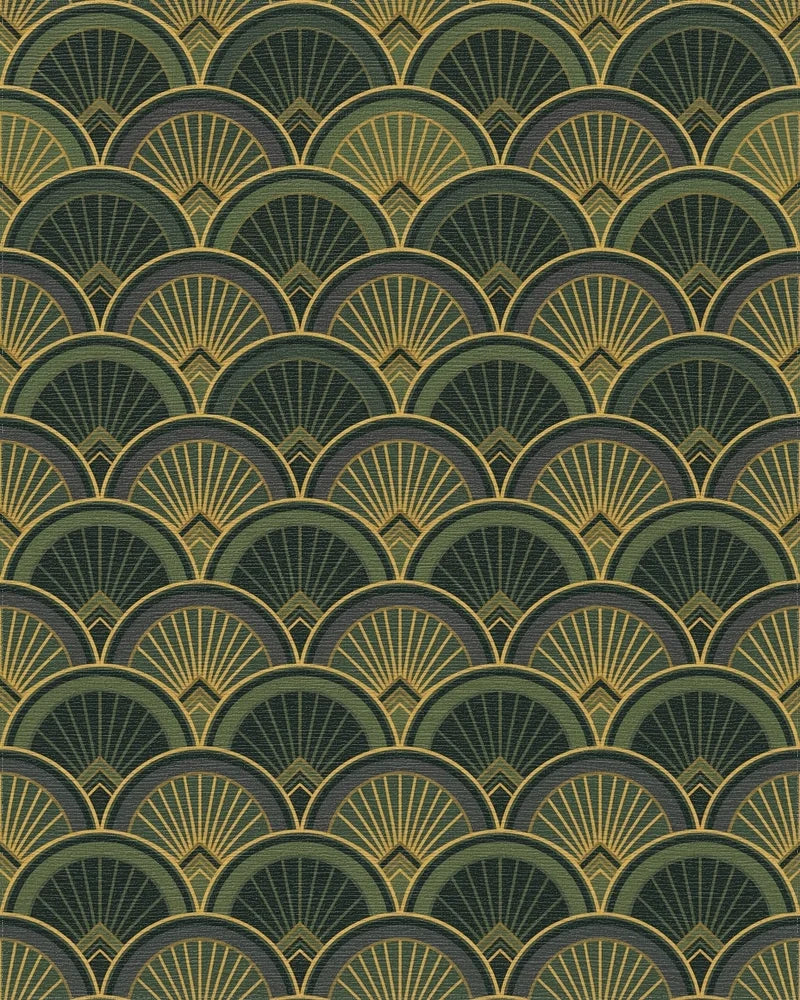 Art Deco Fan Motif Green and Gold Rug - Cutout View