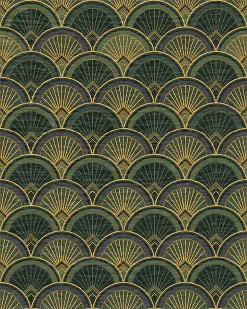 Art Deco Fan Motif Green and Gold Rug - Cutout View