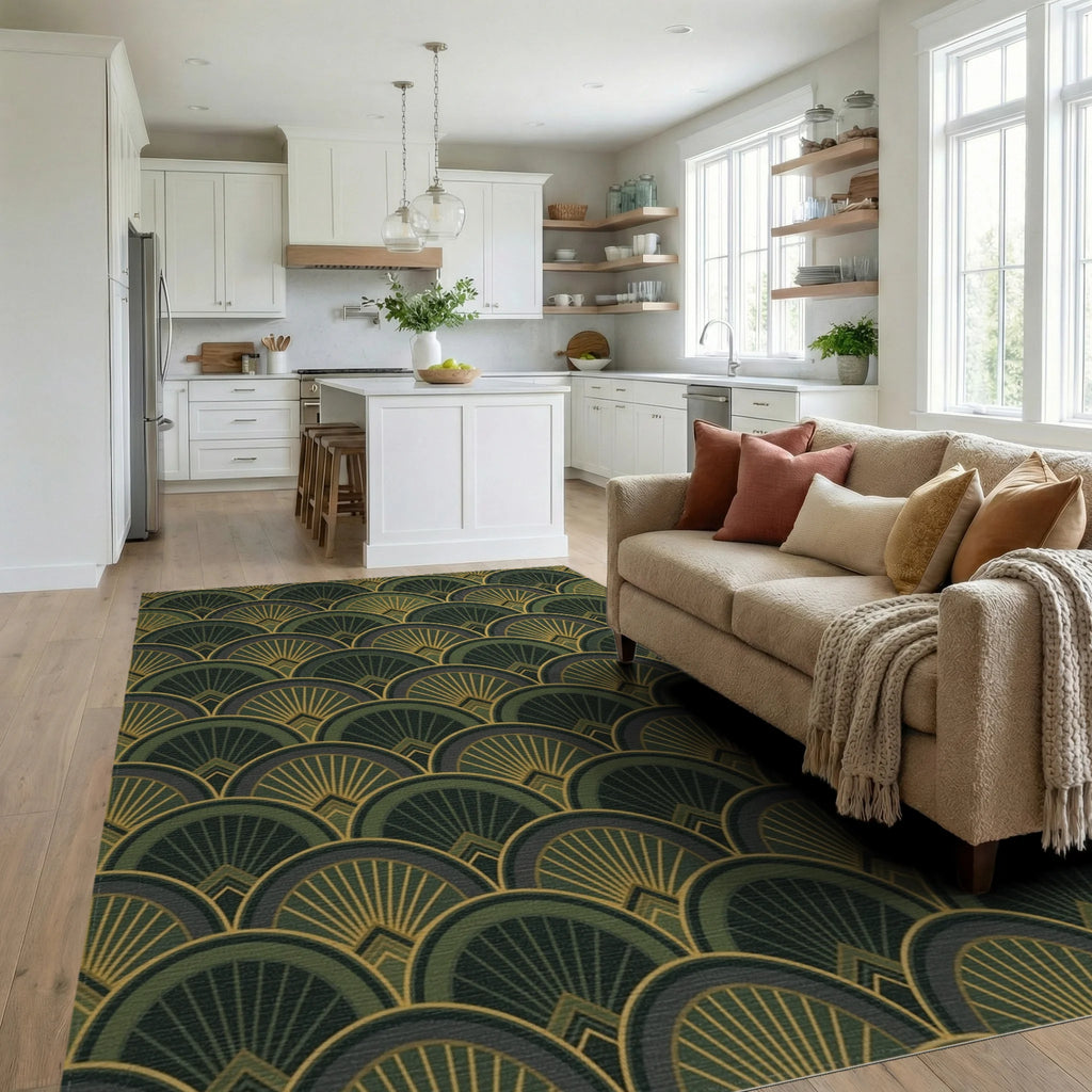 Art Deco Fan Motif Green and Gold Rug Living Room View