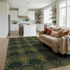 Art Deco Fan Motif Green and Gold Rug Living Room View