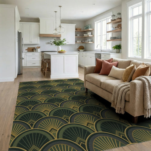 Art Deco Fan Motif Green and Gold Rug Living Room View