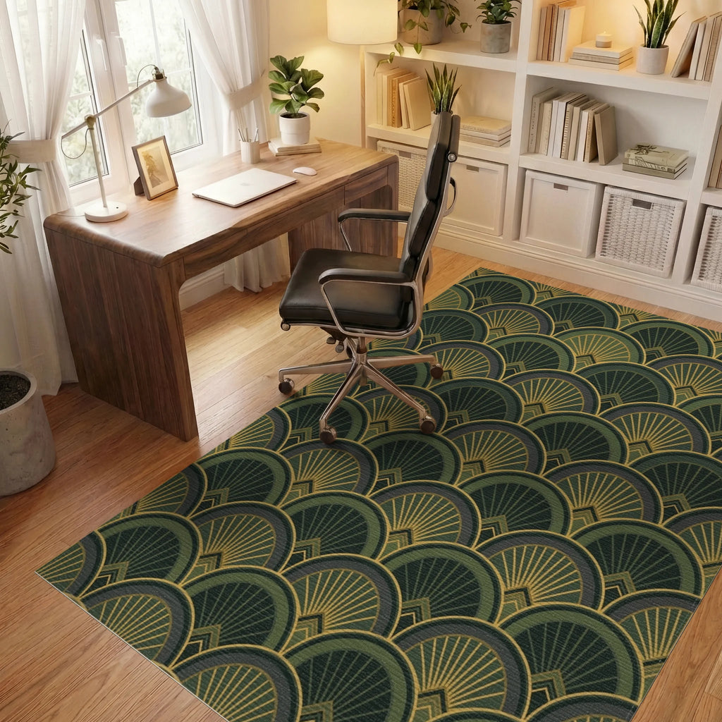 Art Deco Fan Motif Green and Gold Rug Office View