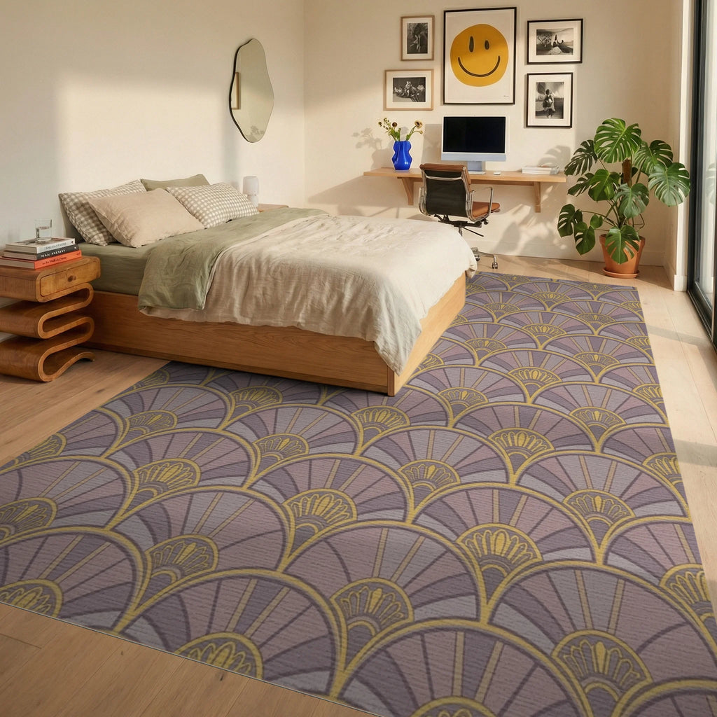 Art Deco Fan Motif Lavender Gold Rug Bedroom View