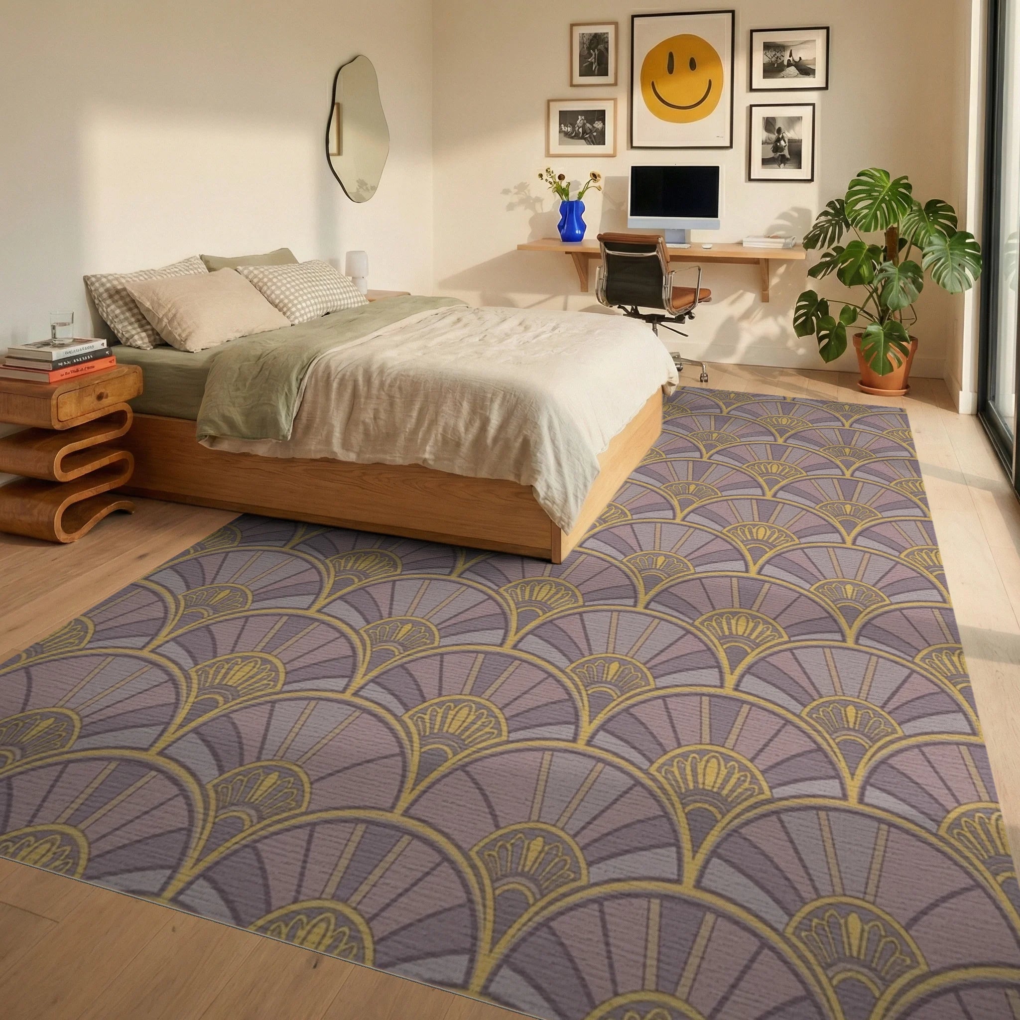 Art Deco Fan Motif Lavender Gold Rug Bedroom View