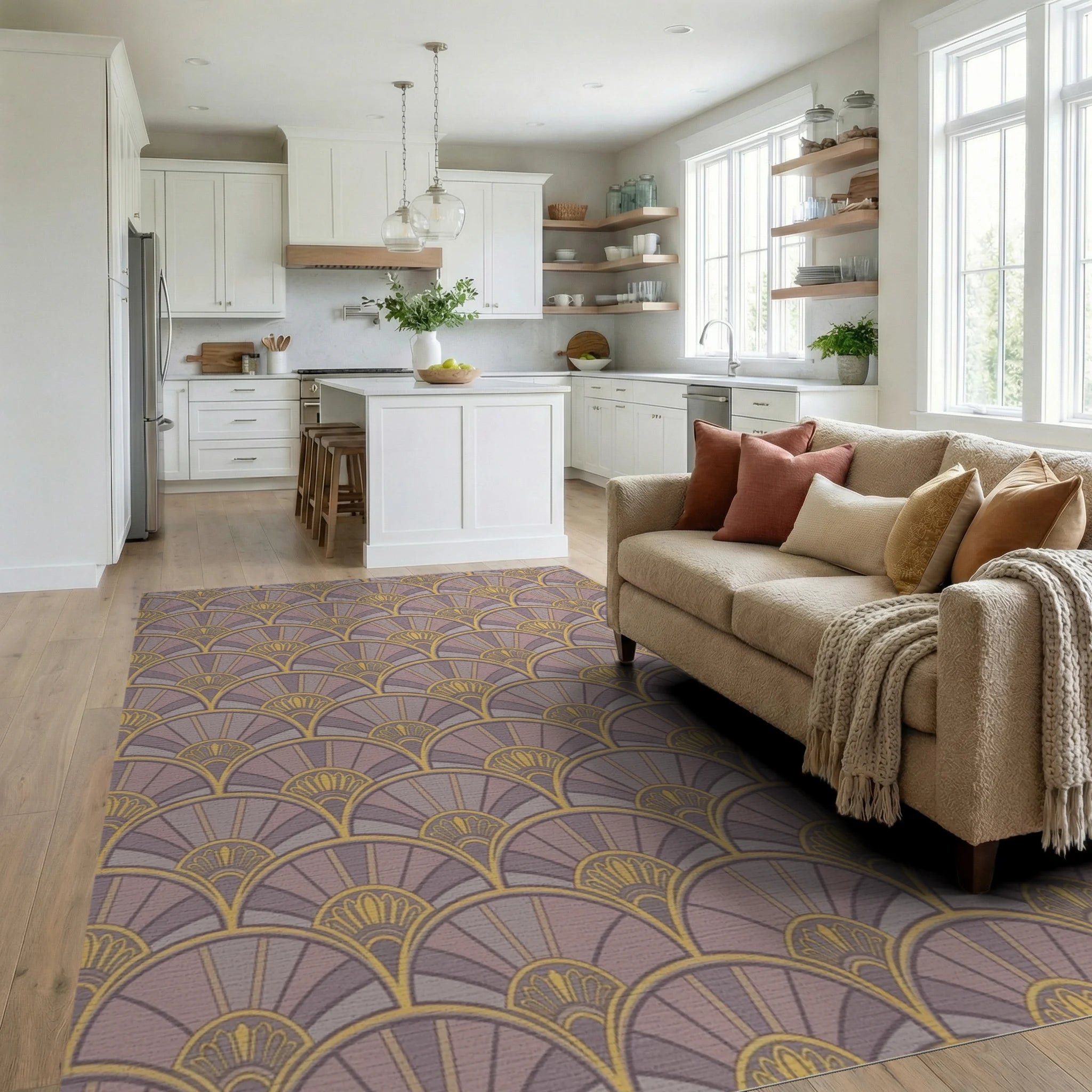 Art Deco Fan Motif Lavender Gold Rug Living Room View