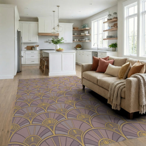 Art Deco Fan Motif Lavender Gold Rug Living Room View