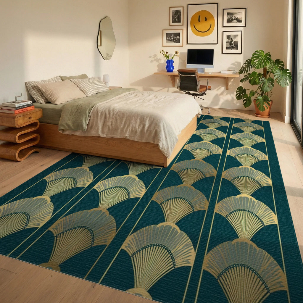 Art Deco Fan Patterned Teal Rug Bedroom View