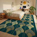 Art Deco Fan Patterned Teal Rug Bedroom View