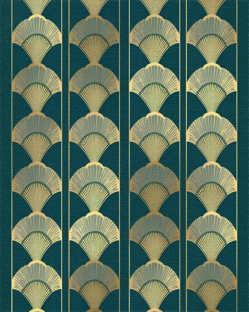 Art Deco Fan Patterned Teal Rug - Cutout View