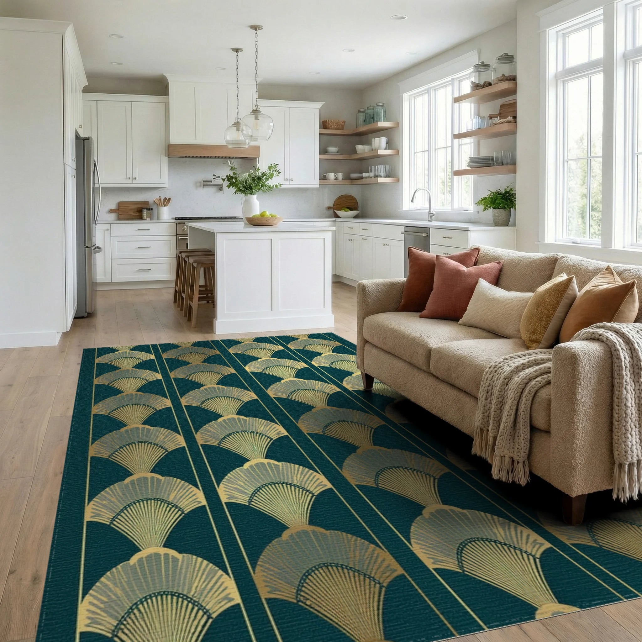 Art Deco Fan Patterned Teal Rug Living Room View