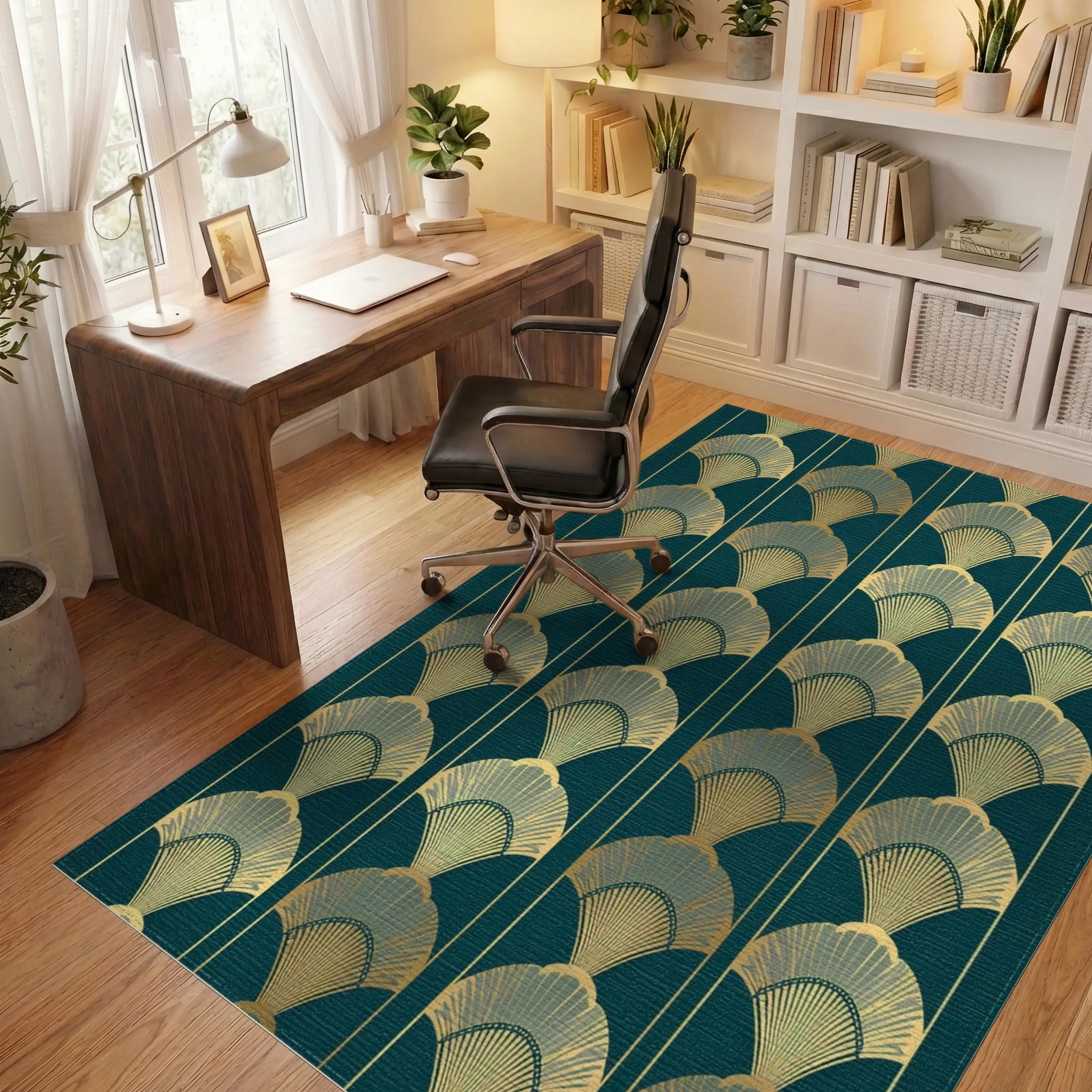 Art Deco Fan Patterned Teal Rug Office View