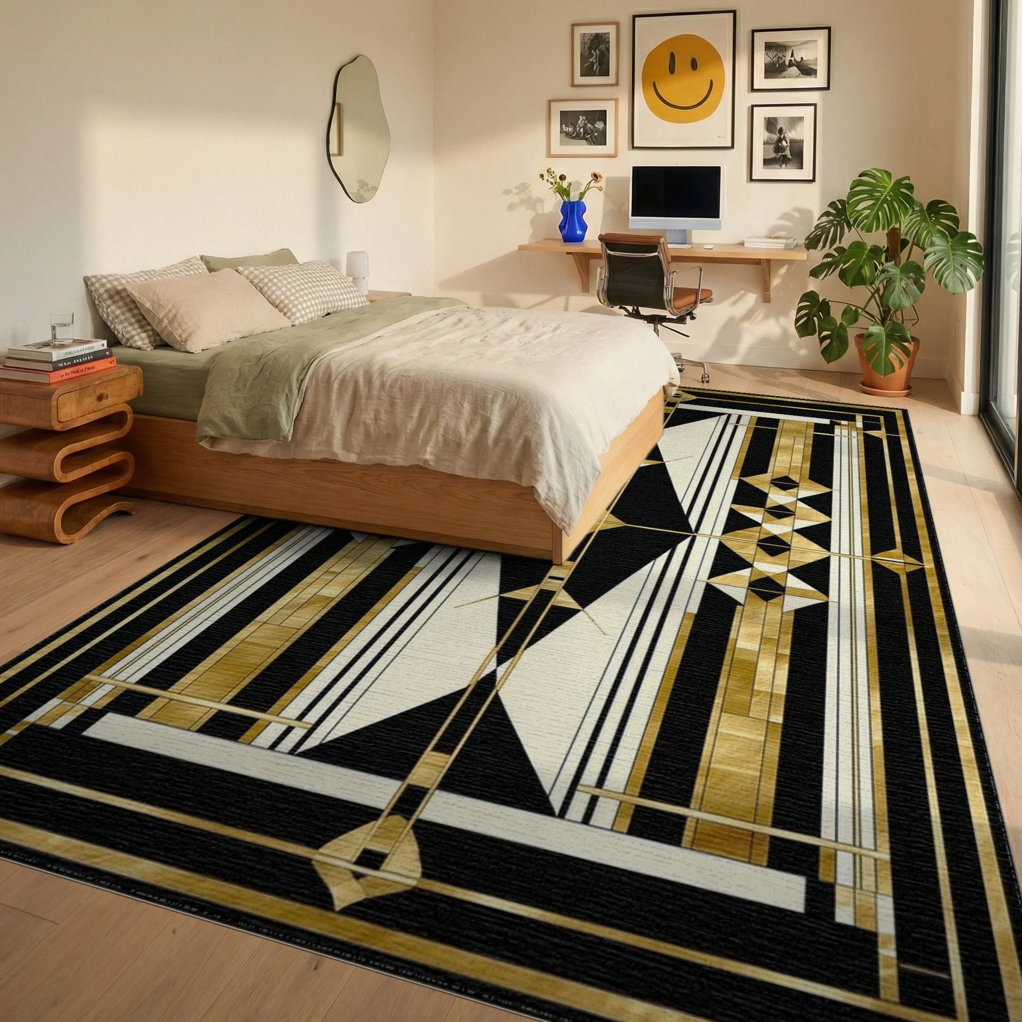 Art Deco Gold Geometric Abstract Rug Bedroom View