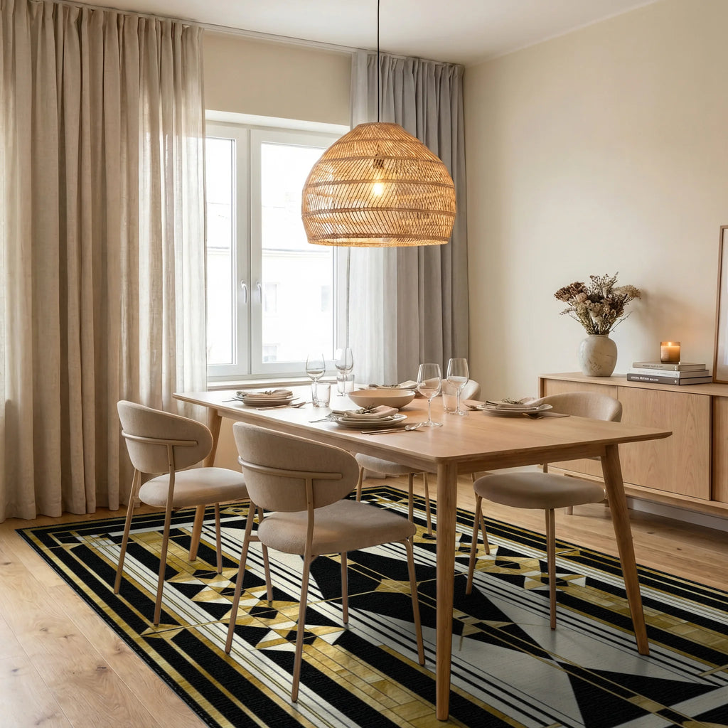 Art Deco Gold Geometric Abstract Rug Dining Room View