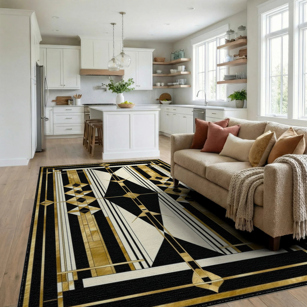 Art Deco Gold Geometric Abstract Rug Living Room View