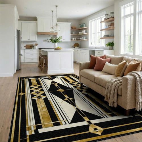 Art Deco Gold Geometric Abstract Rug Living Room View