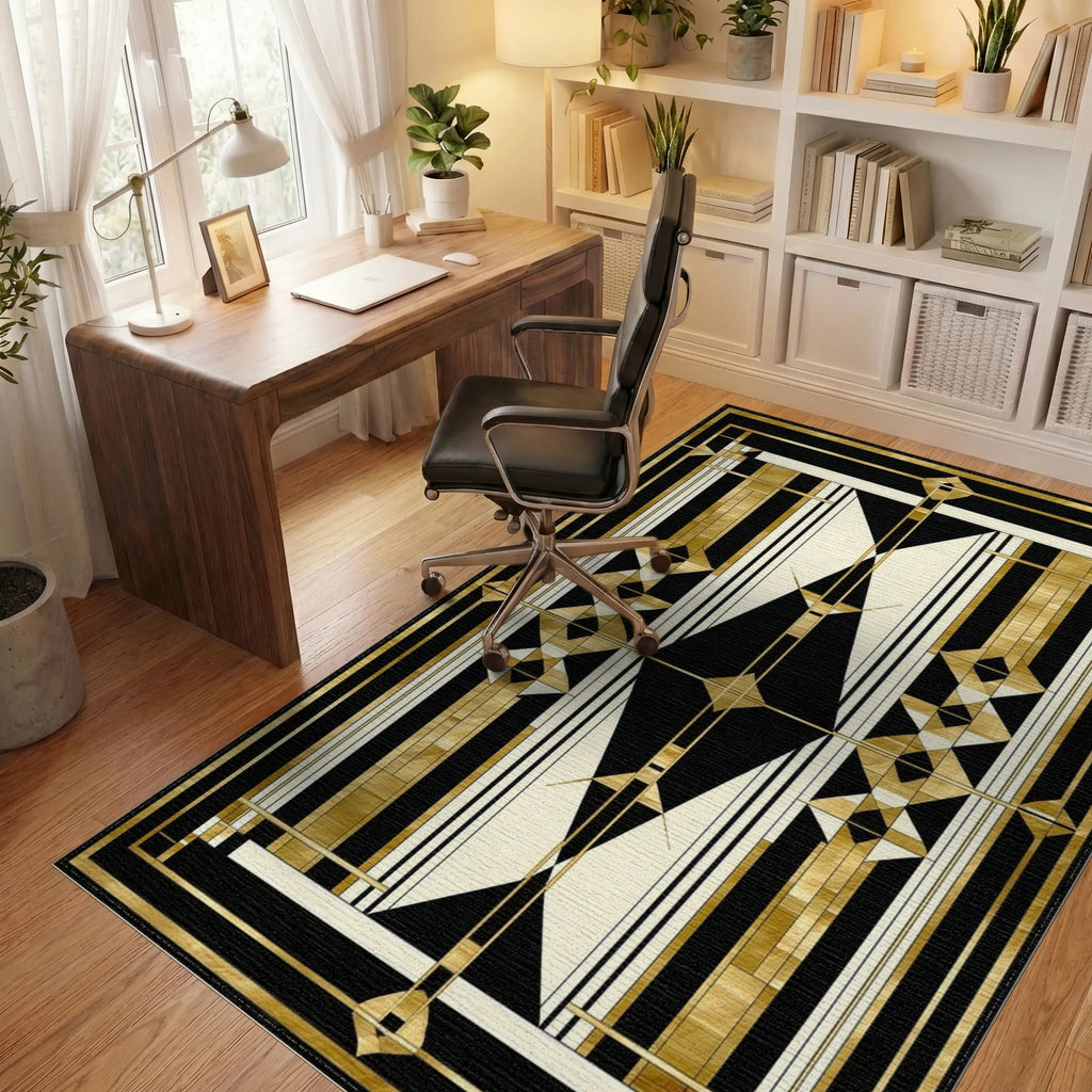 Art Deco Gold Geometric Abstract Rug Office View